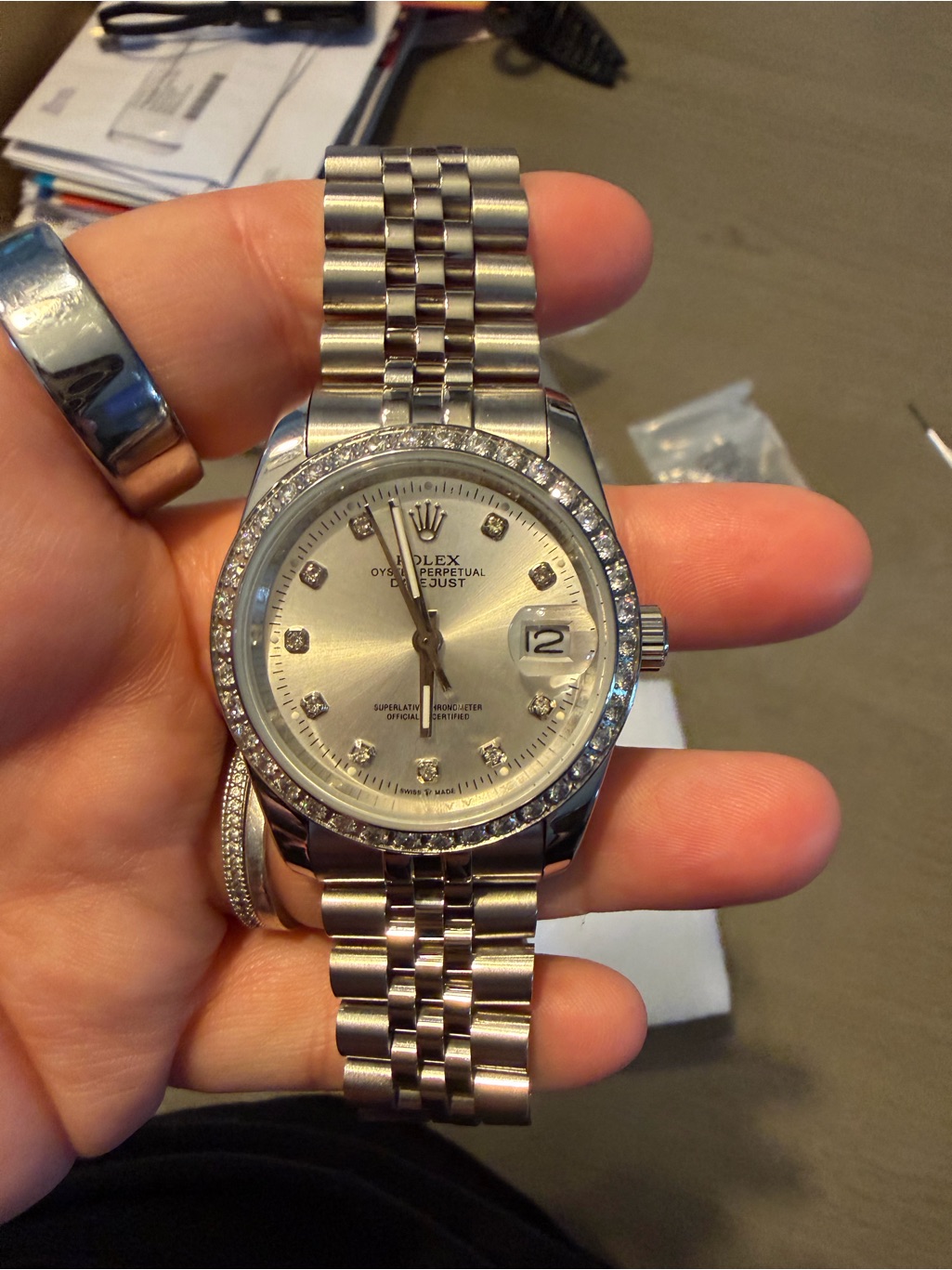 Womens Silver Stainless Steel Watch With Diamond Bezel 36mm No Box
